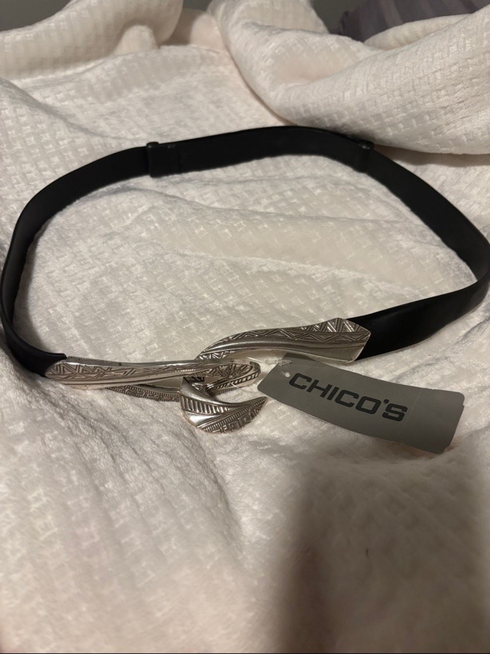Chico's Black Belt with Silver Sculpted Knot Buckle